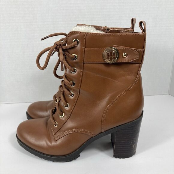 Chunky Brown Ankle Boots Tommy Hilfiger 7M Block Heel Booties LaceUp Grunge - Picture 3 of 14